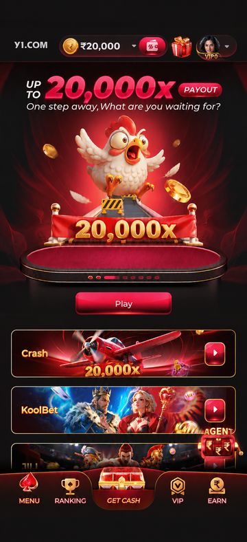 Y1.com app home screen with the Y1.COM logo, balance bar, a promotional banner, Crash and KoolBet tiles and the bottom navigation bar
