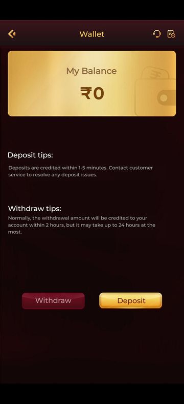 Y1.com Wallet screen showing the My Balance card, deposit tips, withdraw tips and the Withdraw and Deposit buttons