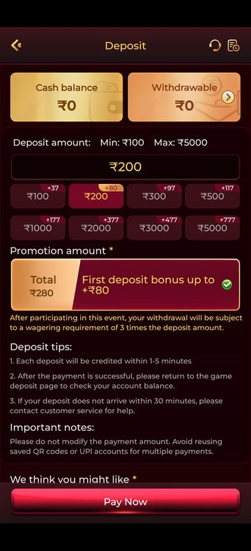 Y1.com Deposit screen showing Cash balance and Withdrawable cards, preset amount buttons, a first-deposit bonus option and the Pay Now button