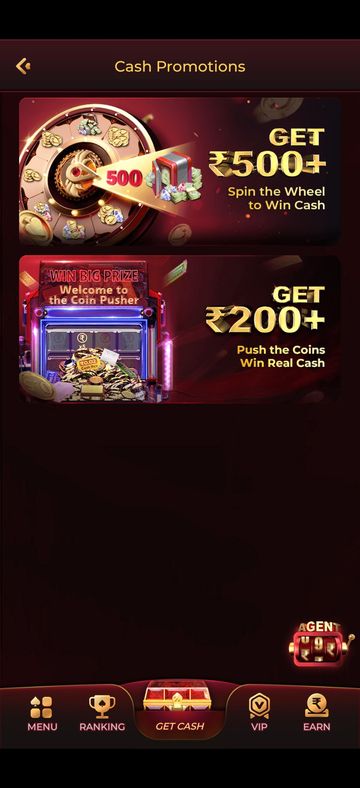 Y1.com Cash Promotions screen with Spin the Wheel and Push the Coins offer banners