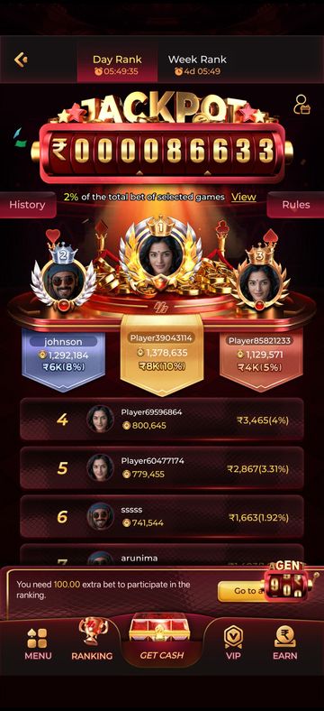 Y1.com jackpot ranking screen with Day Rank and Week Rank tabs, a jackpot counter and a player leaderboard