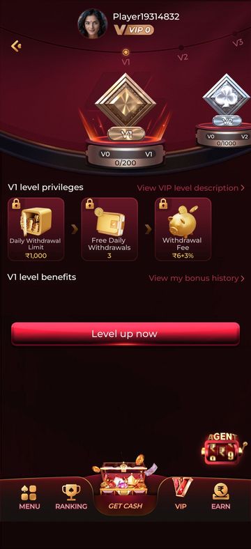 Y1.com VIP page showing the level track, progress counter and V1 privileges for daily withdrawal limit, free daily withdrawals and withdrawal fee