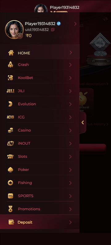 Y1.com side menu listing Home, Crash, KoolBet, JILI, Evolution, ICG, Casino, iNOUT, Slots, Poker, Fishing, Sports, Promotions and Deposit