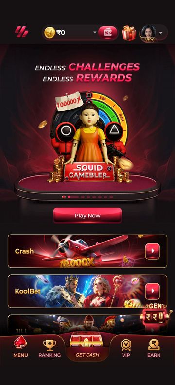 Y1.com home screen with a rotating promo banner, Crash and KoolBet game tiles and the MENU, RANKING, GET CASH, VIP and EARN bottom bar